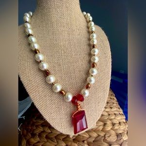 Bridal Necklace Handmade Pearl and Ruby Red, copper highlights